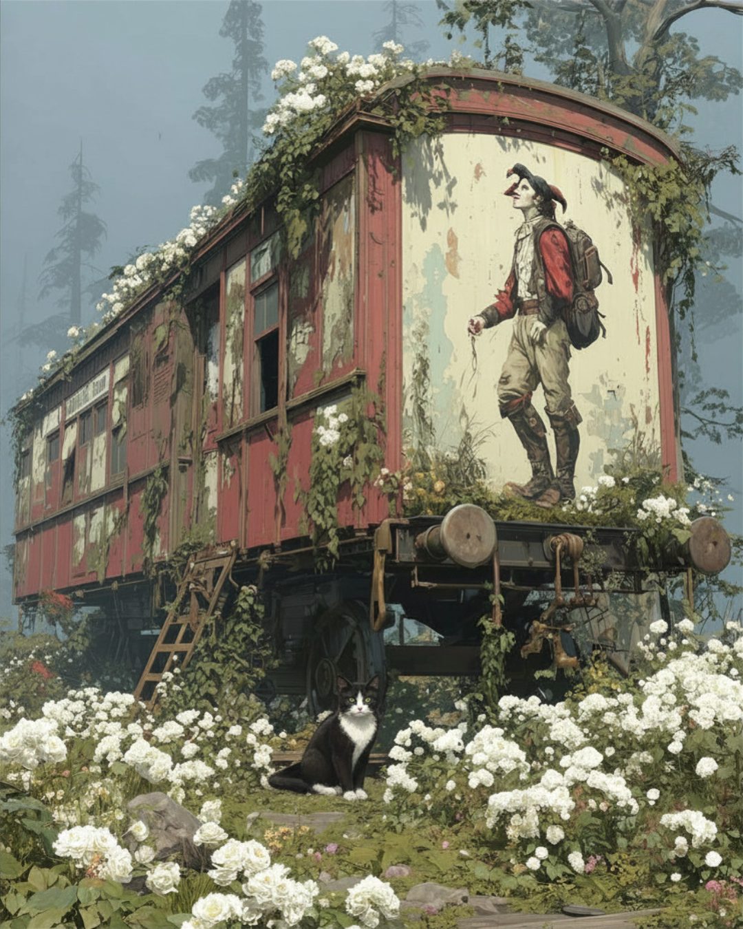 Ein bemalter Zirkuswagen steht verlassen zwischen weißen Blüten, davor wartet eine Katze.