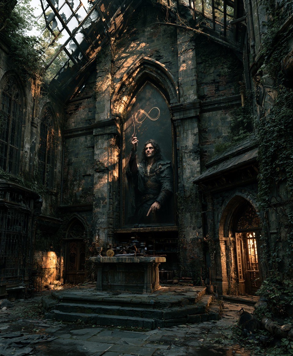 Der Magier: In der verlassenen Kapelle stehen ein Kelch und eine Münze auf dem Altar, daneben liegen ein Schwert und ein Stab, als hätte jemand den Raum nur kurz verlassen.