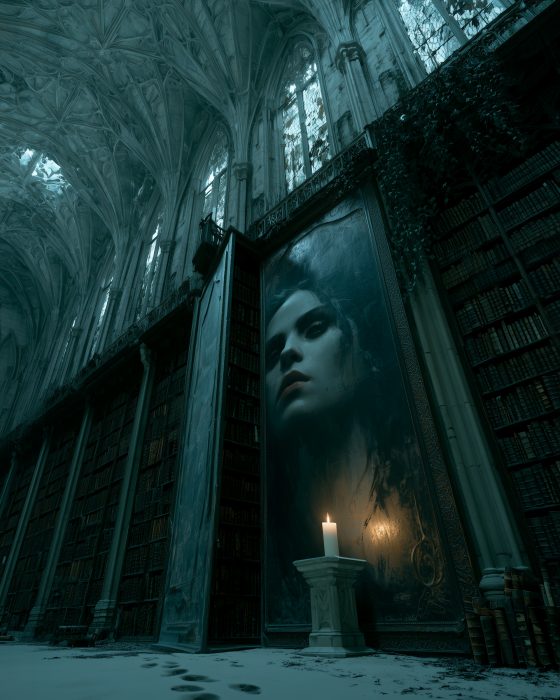 Die Hohepriesterin: Der Winter ist durch die zerbrochenen Fenster in die Bibliothek gekommen, und doch brennt die Kerze vor der Wand, die ihr Wissen nur leise preisgibt.