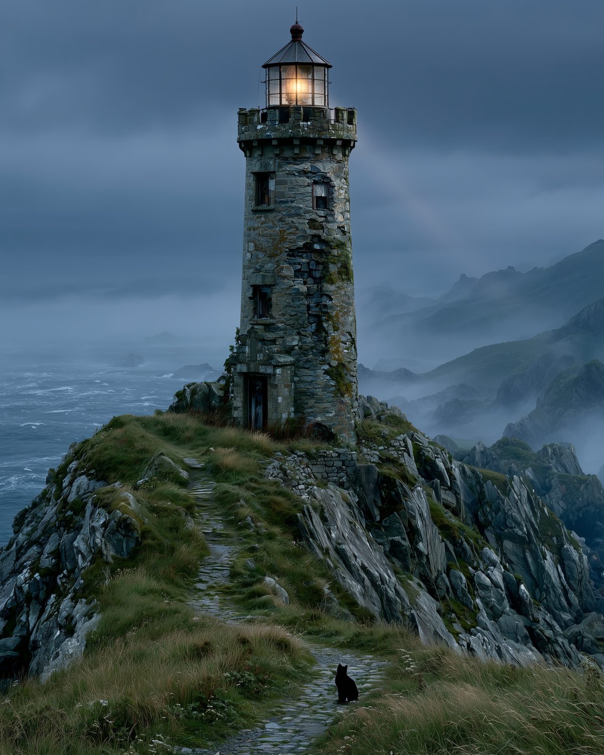 Der Eremit: Der Leuchtturm steht auf seinem Felsen wie eine kleine Burg, und die Katze auf dem Pfad weiß, dass sein Licht auch im Nebel nicht erlischt.