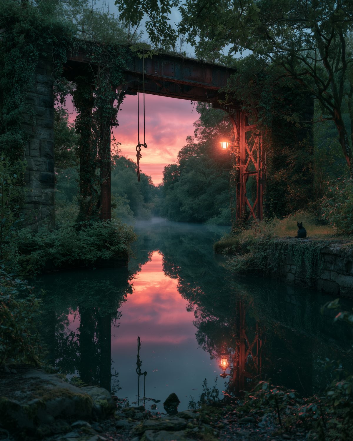 Der Gehängte: Über den stillen Fluss führt eine Brücke, die keinen Zug mehr trägt, und das Seil darunter hängt ruhig im Abendlicht.