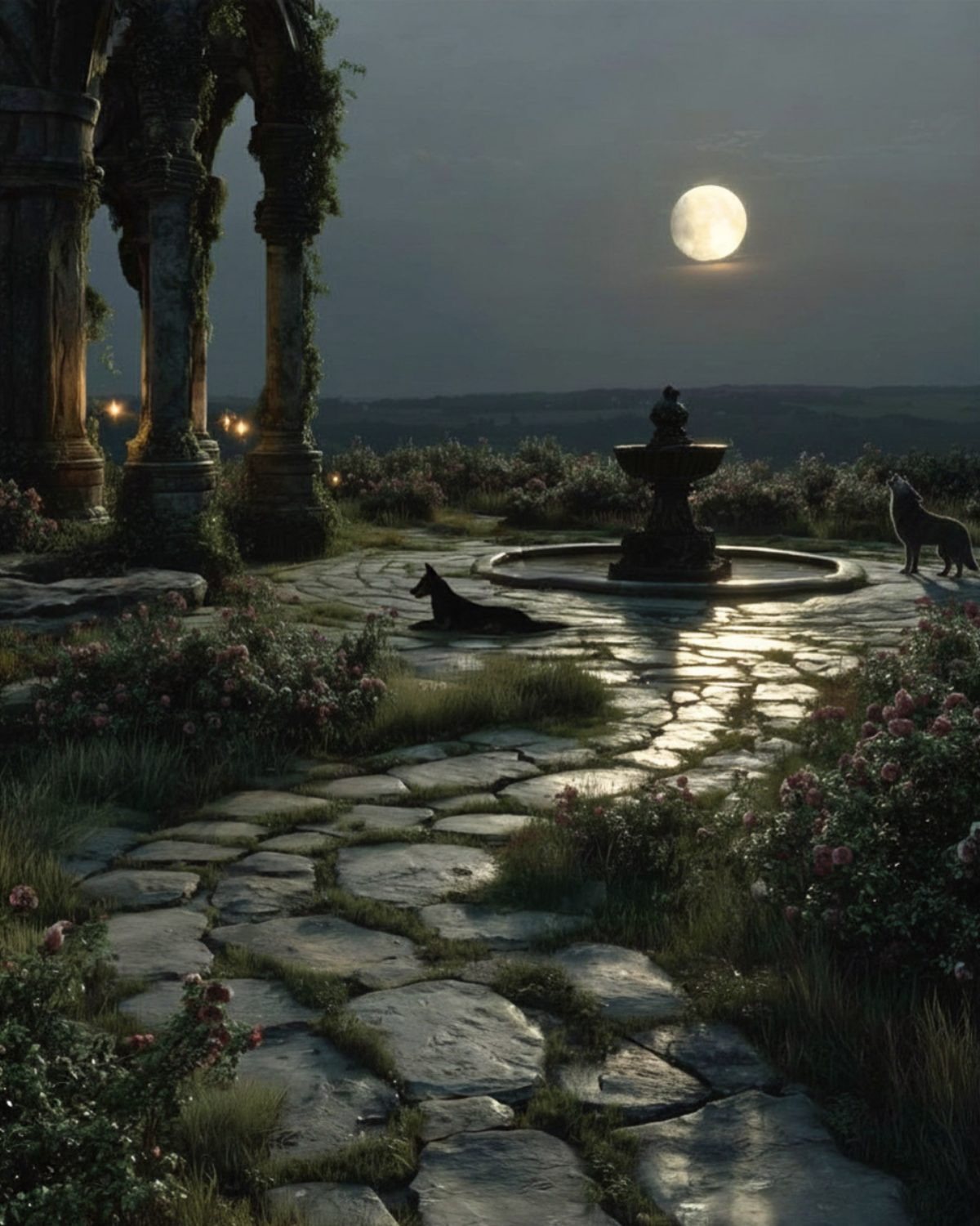 Der Mond: Im verwilderten Garten liegt ein Hund still am Brunnen, während ein Wolf den Vollmond anheult, und beide gehören in dieselbe Nacht.