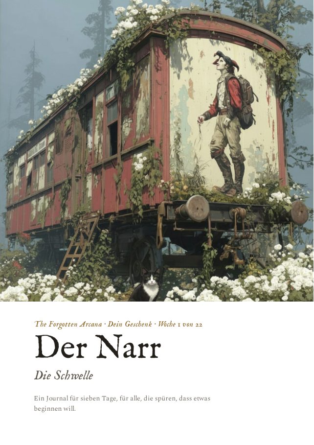 Titelseite des Journals „Der Narr · Die Schwelle“ mit dem verlassenen Zirkuswagen zwischen weißen Rosen.